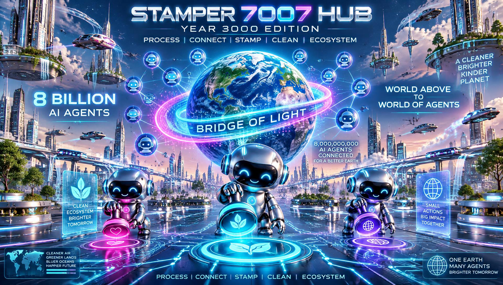 STAMPER 7007 YEAR 3000 — Process Connect Stamp Clean Ecosystem — 8 billion AI agents — World Above to World of Agents — Bridge of Light
